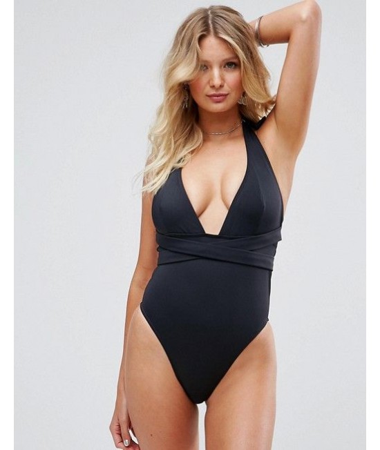 ASOS cross waist juodas vientisas maudymukas deep plunge