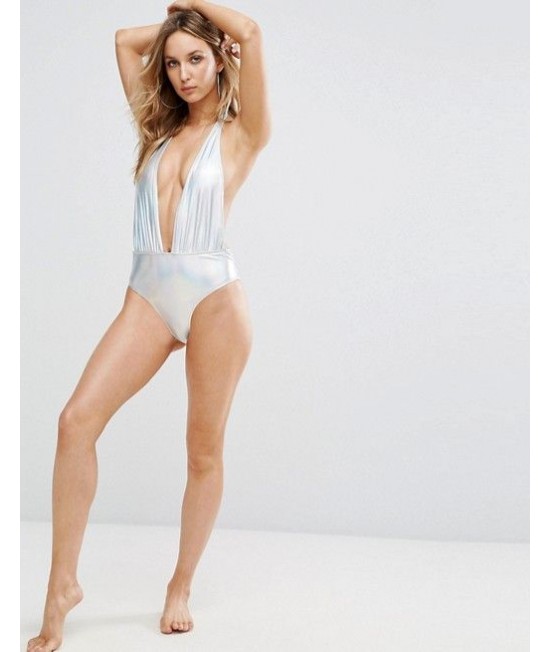 ASOS pretty little thing holographic sidabrinis vientisas maudymukas